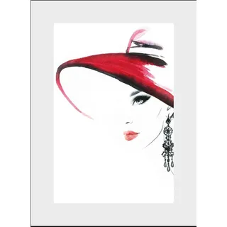 Bild mit Rahmen OTTO HOME "Skizze Frau mit Hut und Ohrring", bunt (farbe rahmen: schwarz, farbe bild(er): schwarz weiß rot), B:30cm H:40cm, Acrylglas, Holz, Papier, Bilder, Bild mit Rahmen, HD Premium Poster-Druck inkl. Holzrahmen