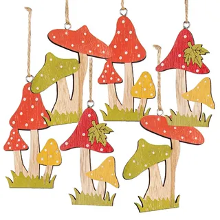 Anhänger Pilze, 6 Stück: Holzanhänger Pilz Herbst, Herbstdeko, Hängedeko Holz, Figuren zum Aufhängen Innen, Dekoration Tisch, Zweige & Fenster, Geschenkanhänger Deko, Dekopilze Klein, 7,5 x 8,5 cm
