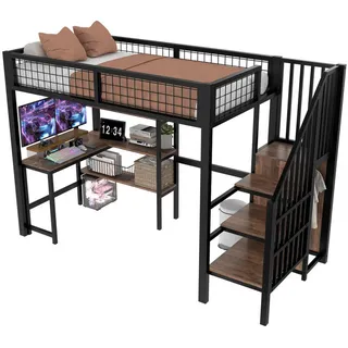 Beaok Hochbett mit Schreibtisch 90/200 cm in Schwarz/Braun – mit Regalen und Schrank , Holzwerkstoff , 90x200 cm , Babymöbel & Kindermöbel, Kinderzimmer & Jugendzimmer, Kinderbetten, Hochbetten