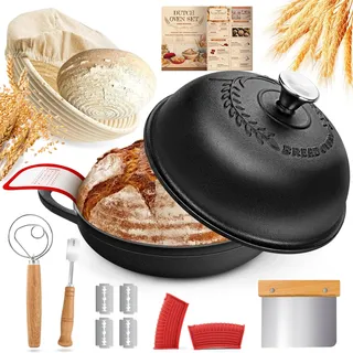 NZQXJXZ Gusseisen Topf Brot Backen 5.7L, Brotbackform mit Deckel, 26 cm Dutch Oven mit Brot Gärkorb Set, Brotbacktopf, Schmortopf Gusseisen Topf für Braten Küche Schmoren Backen