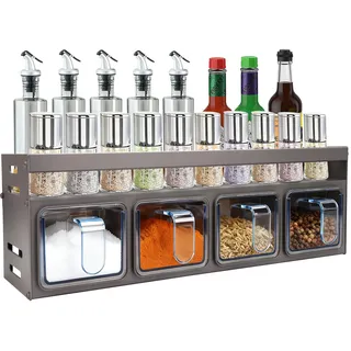 Gewürzregal mit Gewürzdosen, Küchenregal Wand Ohne Bohren aus Metall | mit 4 Gewürzbox, Gewürzständer Stehend oder Wand, Gewürz-Organizer für Küchen Arbeitsplatte Schrank 34.5x11.6x10cm