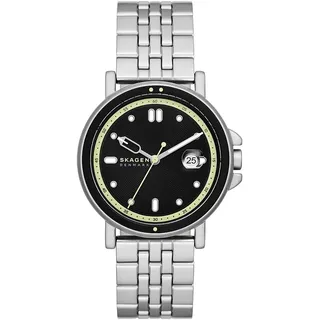 Skagen Signatur Sportuhr für Herren, Quarzwerk mit Edelstahl-Lederarmband, Silberton und Schwarz