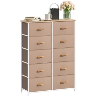 DWVO Kommode mit 10 Schubladen, Schrank aus Stoff mit Griffen, Metallgestell & MDF-Holzplatte, langlebig, für Schlafzimmer & Wohnzimmer,Cremeweiß