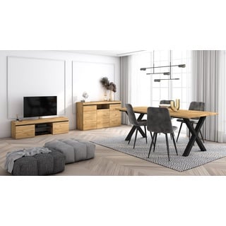 Skraut Home - Wohnzimmermöbel-Set | Tisch 200 X-Beine 10 Personen | Lowboard 140 | Sideboard/Buffetschrank 140 | Eiche und Schwarz | Industrieller Stil