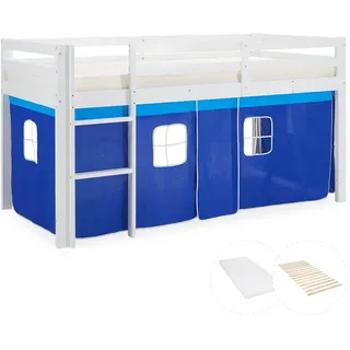 Homestyle4u Hochbett blau 90/200 cm mit Lattenrost + Matratze , Weiß, Blau , Holz , Kiefer , 90x200 cm , Babymöbel & Kindermöbel, Kinderzimmer & Jugendzimmer, Kinderbetten, Hochbetten
