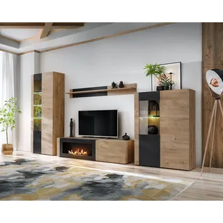 Wohnwand ARON mit Rillenfront und Bio Ethanol Kamin LED und Push - Click - Eiche Ribbeck, Schwarz - 320 cm X 192 cm X 45 cm