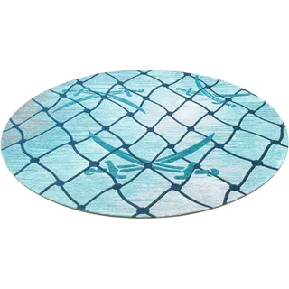 Sansibar Teppich »Keitum 005« rund 3 mm Höhe Flachgewebe, modernes Design, Motiv Fischernetz & gekreuzte Säbel blau