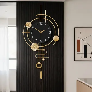 Wanduhr, leises Quarzwerk, batteriebetrieben mit Pendel, übergroße Metall-Wanduhren für Wohnzimmer, Schlafzimmer, Bauernhaus, Büro, Küche, Zuhause, Wanddekoration, 39 x 70 cm (Goldschwarz)