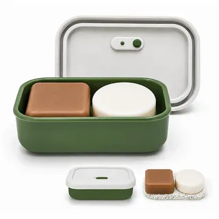 AIDIMMING Silikon-Seifenbox, auslaufsicher, belüftet, Shampoo-Barhalter, große Seifenbox mit Deckel, tragbare Seifenschale mit Abtropfschicht (Offwhite & Green)