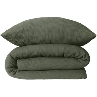 SCHIESSER Bettwäscheset Molly | Musselin | 2-teilig | 135 x 200 cm | 100% Baumwolle | Oeko-Tex Zertifiziert | Reißverschluss | 135x200cm + 80x80cm | Dunkelgrün