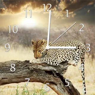 Wallario Design Wanduhr Leopard auf Baumstamm in Afrika aus Echtglas, Größe 30 x 30 cm - Gelb