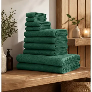 OTTO home "Inga, 3 Qualitäten, Duschtücher, Handtücher, Gästetücher, Seiftücher" 10 Walkfrottier Handtücher mit feiner Bordüre, 100% Baumwolle, dunkelgrün