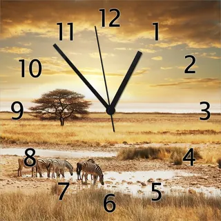 Wallario Design Wanduhr Safari in Afrika  eine Herde Zebras am Wasser aus Echtglas, Größe 30 x 30 cm - Braun