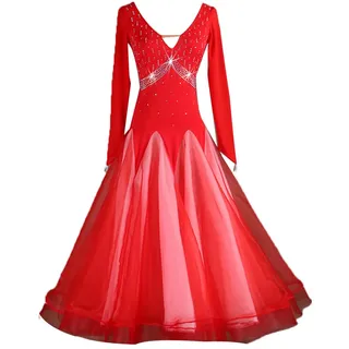 Yhsgscr Professionelles Gesellschaftstanzkleid Für Damen Mit V Ausschnitt Strass Tango Rock in A Linie Langärmlige Foxtrott Wettkampfkleidung Nationale Standard Tanzbekleidung