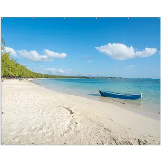 Wallario XXL Outdoor-Poster für Garten oder Balkon, Motiv Boot an einem tropischen Strand, in ca. 250 x 200 cm - Blau