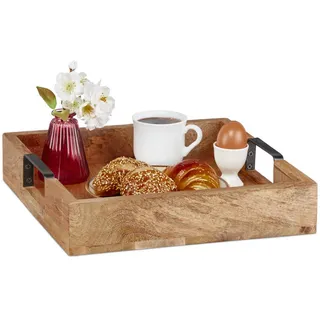 Relaxdays Tablett Natur Schwarz Mangoholz mit Griffen 35x35 cm , Hellbraun , Holz, Metall , 35x7.5x35 cm , Geschirr, Tischkultur & Serviergeschirr, Tabletts