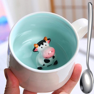 3D-Tasse, Kuhfigur, Teetasse, Vatertag, Muttertag, Geschenk, lustige Tierinnenseite, Milchbecher, Cartoon-Keramikbecher mit Löffel, 300 ml