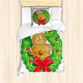 ABAKUHAUS Lebkuchenmann Mantele, Weihnachtskranz, Milbensicher Allergiker geeignet mit Kissenbezügen, 135 cm x 200 cm - 80 x 80 cm, Grün, Rot, Hellbraun - Grün