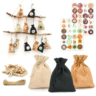 Dunedesign Adventskalender zum Selbstbefüllen, 24 Geschenk-Säckchen Braun , Kunststoff , Rechteckig , 9.5x3x13 cm , Dekoration, Weihnachtsdekoration