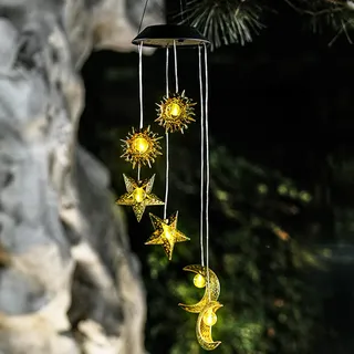 Solar Windspiele mit Sonne Mond Stern, Solar Windspiel Outdoor Garten Warme LED Wasserdicht Hängend Gartenlampe Windspiel Licht Hängeleuchte für Außen Balkon Terrasse Party Garten Deko Geschenke
