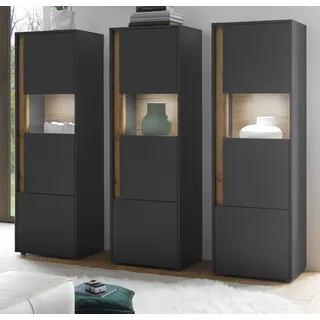 Schrank Set "Center grau matt mit Wotan Eiche, 3x Vitrine 190 x 155 cm - Grau, Naturbelassen