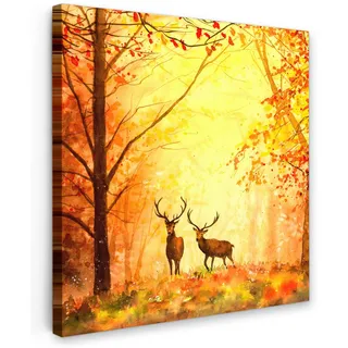 MuchoWow Leinwandbild Natur - Ölfarbe - Hirsche - Tiere - Herbst - Orange Deko Groß 90x90 cm , Textil , Kiefer , Abstrakt , Quadratisch , 90x90 cm , FSC 100% , gerahmt , Bilder & Rahmen, Bilder, Leinwandbilder