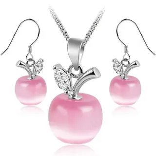 Crystalline Azuria Äpfel Schmuck-Set Rosa Simulierter Katzenaugenstein Kristalle Halskette Anhänger 45 cm Ohrringe 18 kt Weiß Vergoldet