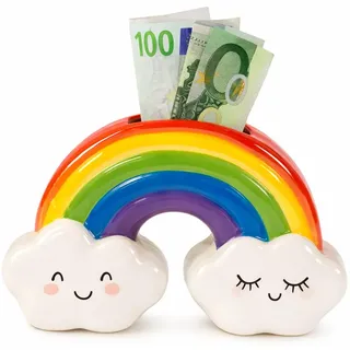 Regenbogen Spardose mit Wolken 16 cm - Kinder Spardose Regenbogen für Mädchen und Jungen - Sparschwein für Kinderzimmer Geschenkidee - Logbuch-Verlag