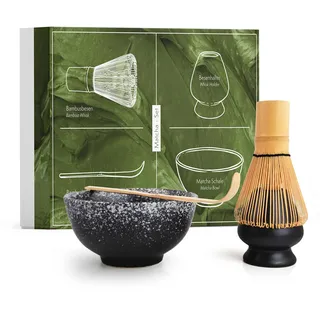 Matcha Set aus Besen, Schale, Löffel und Besenhalter - handgefertigtes Geschenk-Set für die traditionelle Zubereitung von Matcha Tee