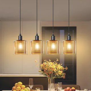 ZMH Pendelleuchte Esstisch Hängelampe Glas: Hängeleuchte 4-Flammig Esstischlampe Vintage E14 Gold Esszimmerlampe Höhenverstellbar Wohnzimmer Pendellampe für Esszimmer Küche(ohne Leuchtmittel)