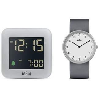 Braun Geschenkset 2-Zeiger Analog Quarzuhr mit weißem Zifferblatt, grauem Silikonkautschukband und Zwei Zeigern Digitaler Reisewecker in Grau, Modell BN0231WHGYG, BC08G (2er Pack)