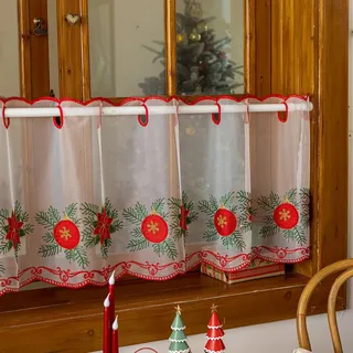 Vordesack Weihnachten Scheibengardine mit Stickerei, für Küchenfenster | Weihnachtliche transparente Halbvorhang mit Lochleiste 1 Stück Äpfel HxB 50x120cm, für Küche, kleines Fenster, Wohnzimmer