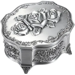 SUMTree Vintage Music Box Musical Jewelry Box Metall Keepsake Box Silber Schmuckbox Antike Spieldose Schmuckkästen für Ring Armband Ohrringe Damen Herren Geschenk Geburtstag Valentinstag Weihnachten