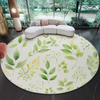 Generisch Teppich Rund 180 cm Durchmesser, Flanell Pastoral Pflanzen Blätter Wohnzimmer Teppiche, Hellgrün rutschfest Waschbare Runder Teppich für Schlafzimmer Esszimmer Kinderzimmer