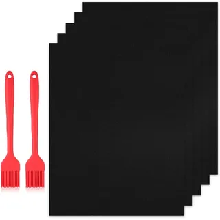 BNGXR 5er Set Grillmatte für Gasgrill, BBQ Grillmatten, Antihaft Grillmatten aus Teflon, leicht zu Reinigen und Wiederverwendbar, Hitzebeständig mit 2 Pinsel für Gasgrill, Holzkohlegrill (50x40)