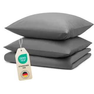 Blumtal Bettwäsche 240x220cm + 2X 40x80cm Kopfkissenbezug - Oeko-TEX zert. Mikrofaser Bettwäsche Set - Mikrofaser Bettbezug bis 95 °C - Deckenbezug + Kissenbezug 3-teilig - Bettbezug Grau