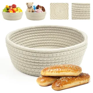 Kleemeiero Brötchenkorb Brotkorb Geflochten Aufbewahrungskorb Geflochten Baumwollseil Brotkörbchen Klein Brötchen Korb Deko Runde 22cm Ø Brotschale Frühstück Flechtkorb zum Servieren von Gebäck-Beige