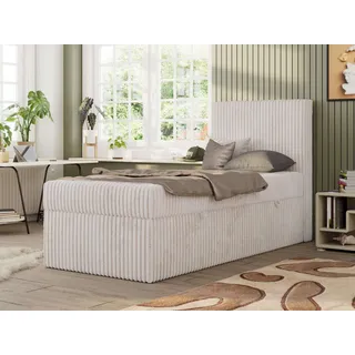 MKS MEBLE Jugendbett TILIO, Einzelbett mit Stauraum, Cordstoff, Boxspringbett 90x200 mit 7-Zonen-Taschenfederkern H4 - Beige Cord - Rechts Seite - Beige