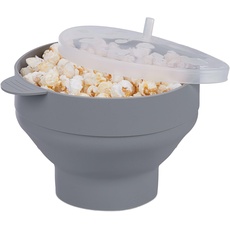 Relaxdays Popcorn Maker für Mikrowelle, Silikon, BPA-frei, Popcorn-Popper mit Deckel & Griffen, zusammenfaltbar, grau