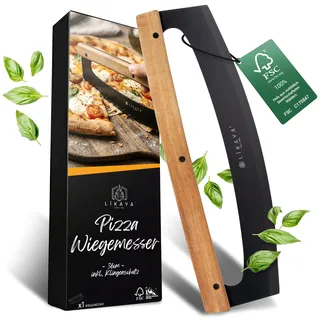 LIKAYA Pizzaschneider Wiegemesser 36cm schwarz – großer Pizza Schneider mit Edelstahl-Klinge, Akazienholzgriff & Klingenschutz – Pizzamesser für Pizza, Flammkuchen & Kräuter – perfektes Profi Zubehör