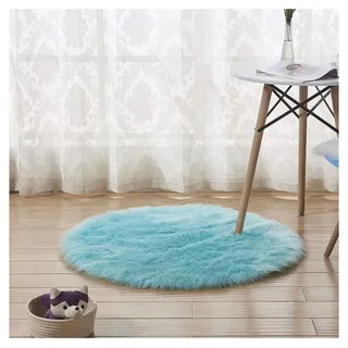 DAIHAN Shaggy Lammfell-Teppich,Flauschiger Kunstfell Schaffell Lammfellimitat Teppich rund für Stuhl Sofa Wohnzimmer Schlafzimmer Kinderzimmer Hellblau 130 * 130cm