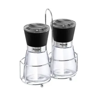 WESTMARK Blacky Menage mit 2 Gewürzmühlen, 3-teilig, Verchromter Ständer mit Tragegriff für einen sicheren Halt, 1 Set = 2 Mühlen inkl. Ständer