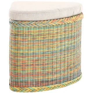 Rattan Wäschekorb Wäschetruhe Sitz gepolstert Honig, Flur-Bank Aufbewahrungsbox mit Deckel Bad-Hocker Sitzhocker Wäschesammler Sitz-Truhe Natur (Bunt, Eckform)
