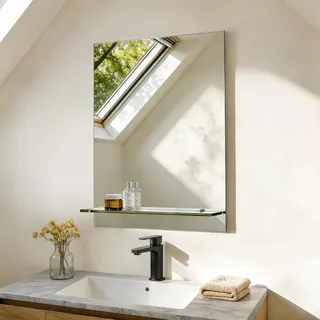 S'AFIELINA Badspiegel mit Ablage 60 × 45 × 1,0 cm (H × B × T) Spiegel mit Ablage Badezimmer Spiegel Wandspiegel mit Regal - Transparent