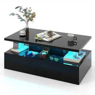 FANTASK LED-Couchtisch, Sofatisch mit einstellbaren Lichtfarben & Helligkeit, Fernbedienung, 2-stufiger Wohnzimmertisch Hochglanz für Wohnzimmer, Schwarz, 110 x 60 x 40 cm