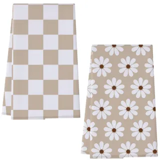 Vesavifaka 2 Stück Geschirrtücher, 60x40 cm Küchenhandtücher Mit Aufhängeschlaufe, Wiederverwendbare Saugfähige Geschirrhandtücher Im Boho Modern Retro Design, Beige Karo Blumen