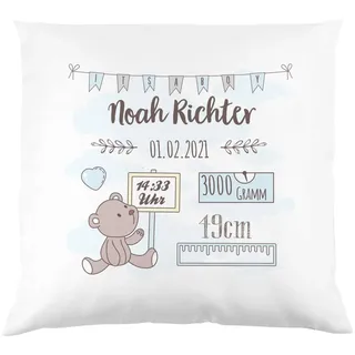 Striefchen® Kissen als Geschenk zur Taufe oder Geburt mit Namen & Datum - Teddybär - Babygeschenk oder Geburtskissen Junge