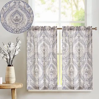 TOPICK Scheibengardine Leinen Vorhang Vintage Bistrogardine Landhaustil Blumen Bedruckt Gardine Geblümt Scheibengardinen Blickdicht für Küche Wohnzimmer Landhaus 2er-Set Blau auf Beige 65B x 90H(cm)