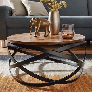 FineBuy Couchtisch Sheesham Massivholz rund Ø 60 cm 30 cm hoch – Wohnzimmertisch mit Metallgestell | Design Tisch im Industrial Stil | handgefertigt - Braun