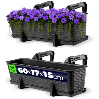 KADAX Blumenkasten 60 cm, ca. 12L Anthrazit mit Halterungen & Untersetzer, Rattan-Optik – Pflanzkübel für Balkon oder Terrasse, robuster Balkonkasten